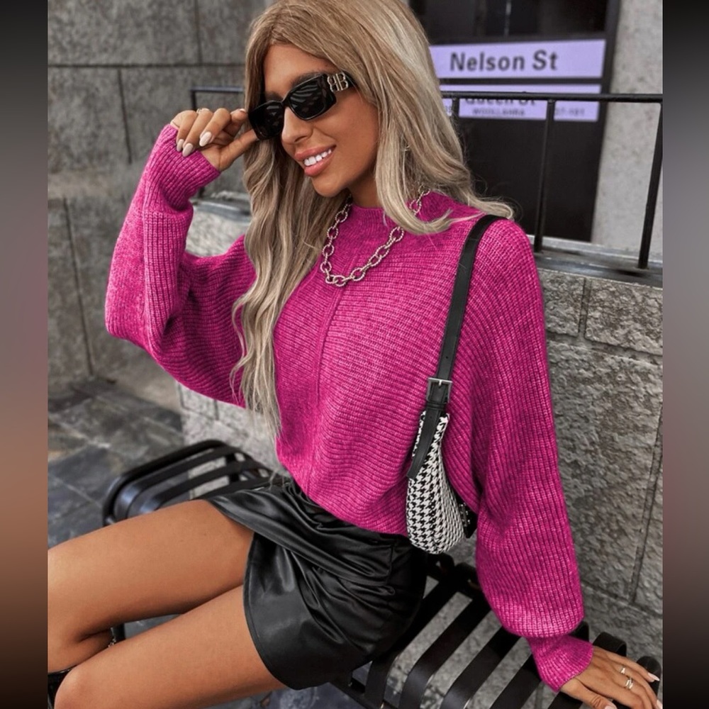 Hot Pink Rib-Knit Bat Wing Sleeve Sweater